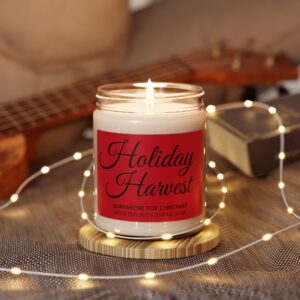 "Holiday Harvest apple scented soy candle on festive table"